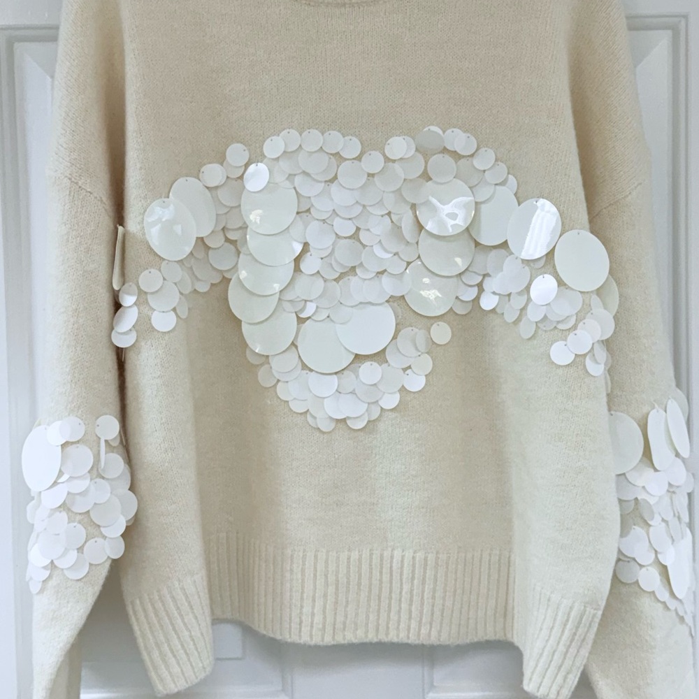New! Anewsta Elegant Cream Crew Neck Sweater with White Sequins, XL - Picture 3 of 8
